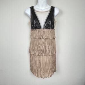 BCBGMAXAZRIA Averil Mesh Sequin Tiered Mini‎ Dress XXS Nude Black Tan